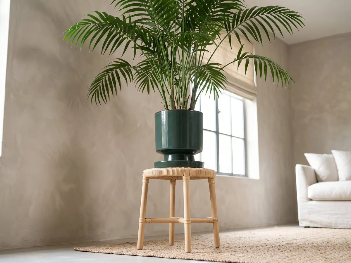 A parlor palm on a woven rattan stand a few feet back from the window, light and placement in one frame.