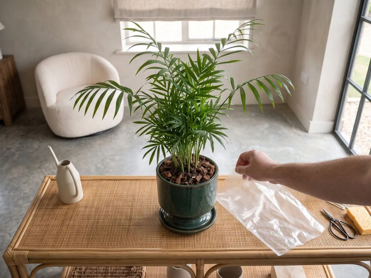 A clear plastic sleeve removed from a parlor palm and laid flat aside, working out which damage came home.