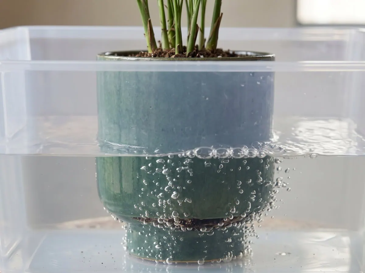 A parlor palm pot standing in a bucket of water with bubbles rising, a root zone rewet before it goes sour.