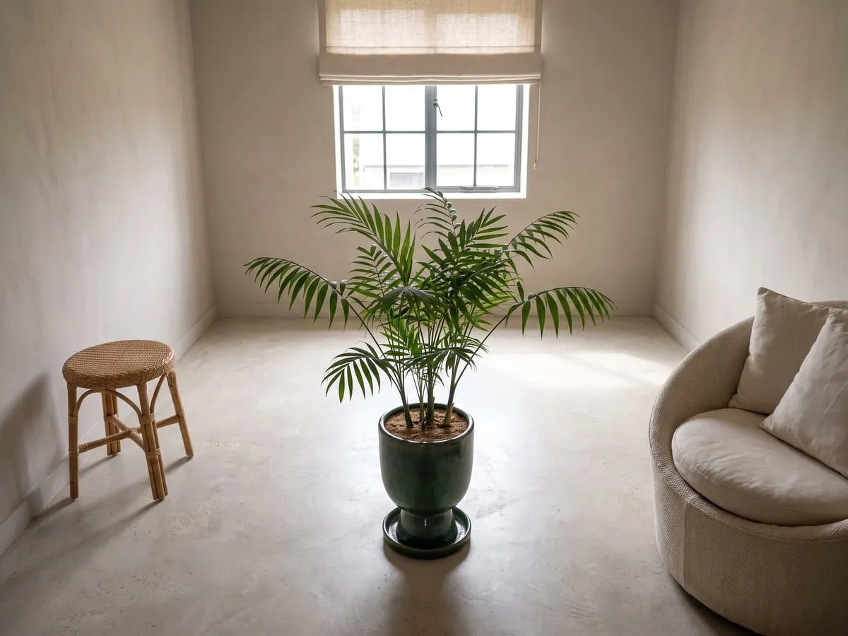 A parlor palm in its deep green pot standing several feet from the window, where the pot goes indoors.