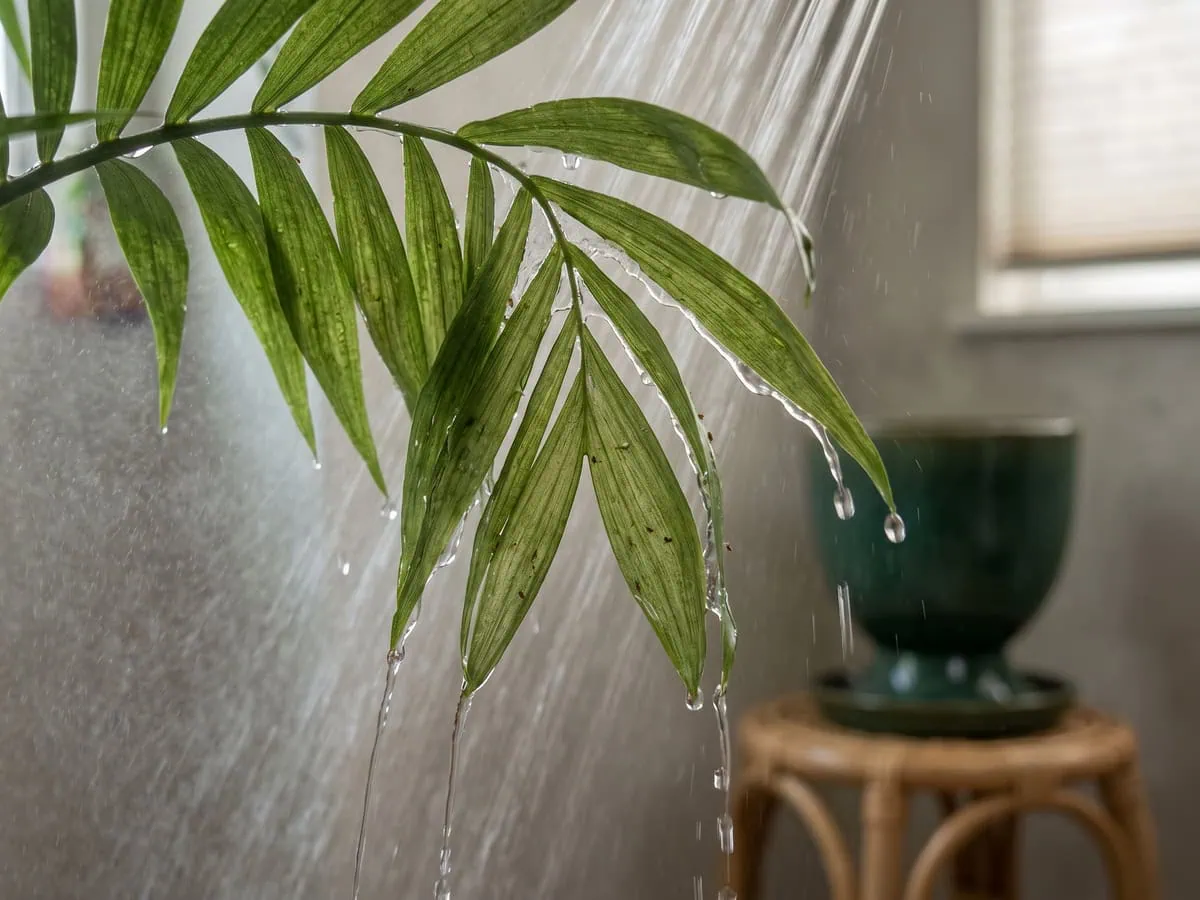 Water running down the underside of a parlor palm frond and dripping off, the rinse that clears the film and ends the job.