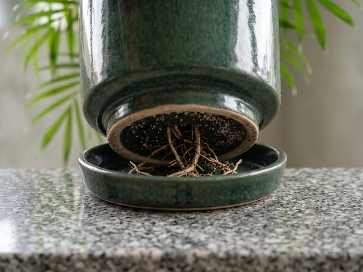 Roots showing at the drainage hole in a parlor palm pot base, pot size and whether the move was needed.