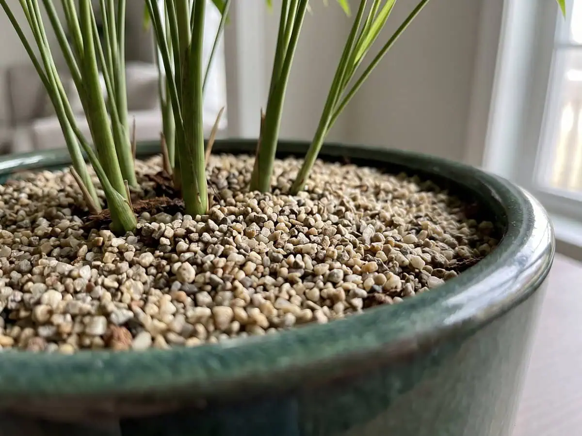 Macro view of a coarse sand layer spread over the soil surface in one pot, safe around cats and dogs.