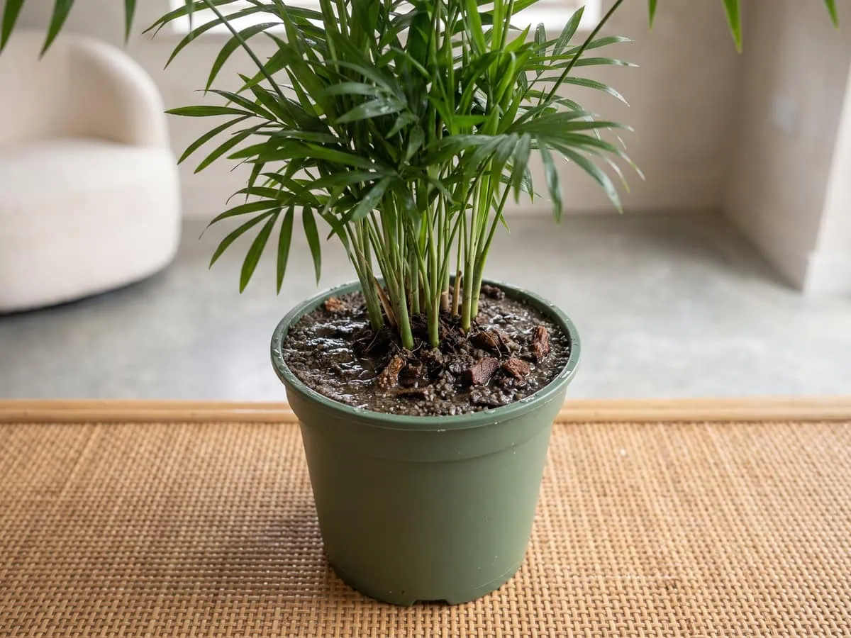 A coarse sand layer over soaked medium inside a parlor palm liner pot, damage that is still happening.