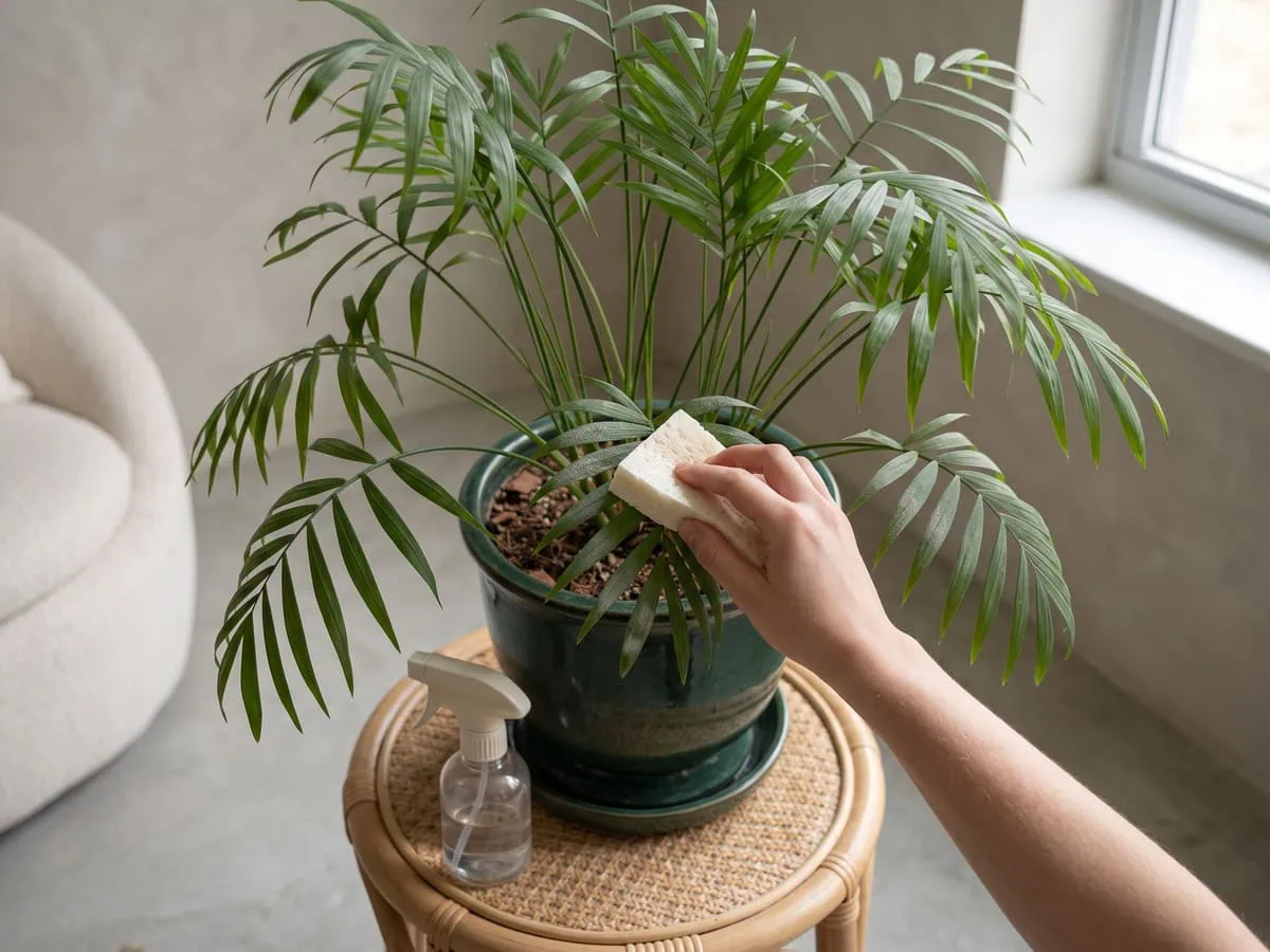 A damp sponge wiping dust from a parlor palm frond, the first move when sap-feeding insects are the cause.