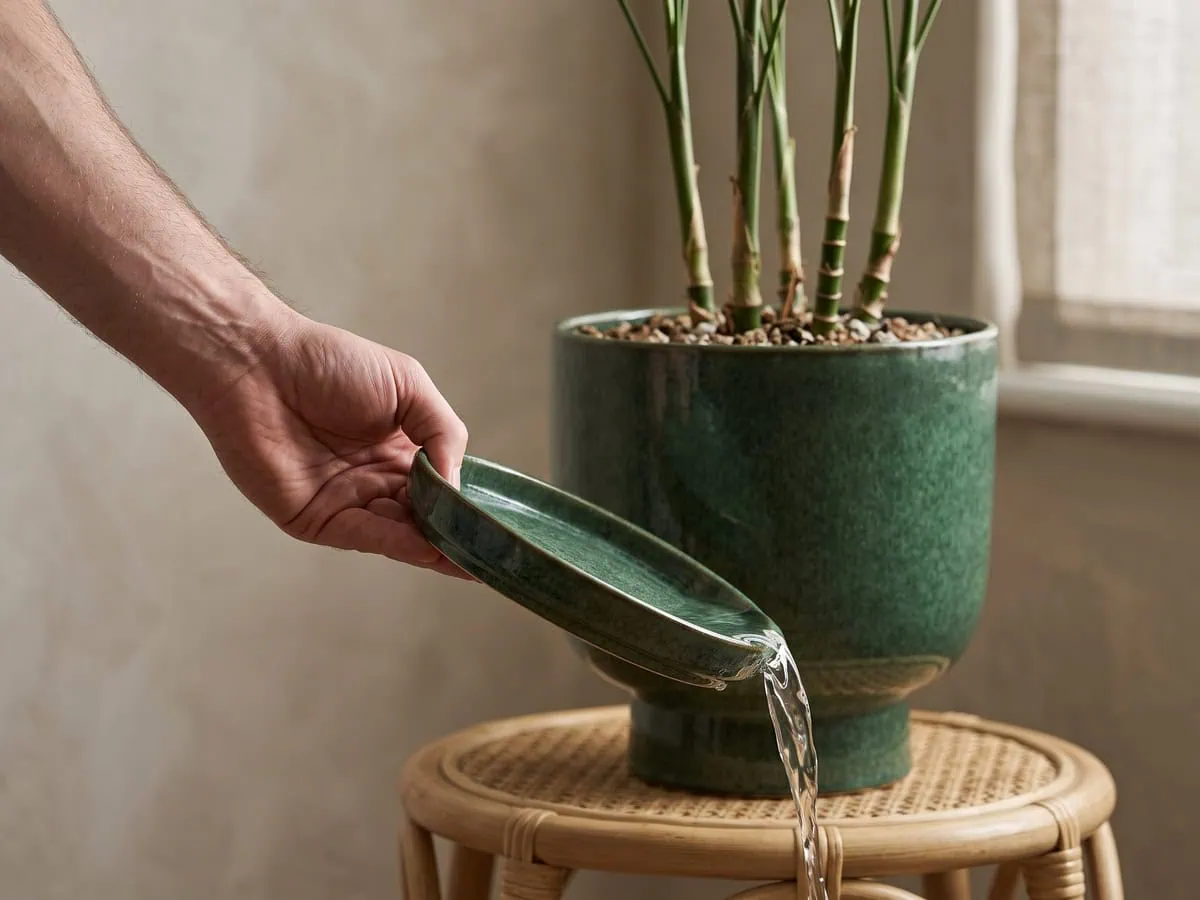 A saucer of standing water tipped out beside the pot, watering a parlor palm so the root zone drains.