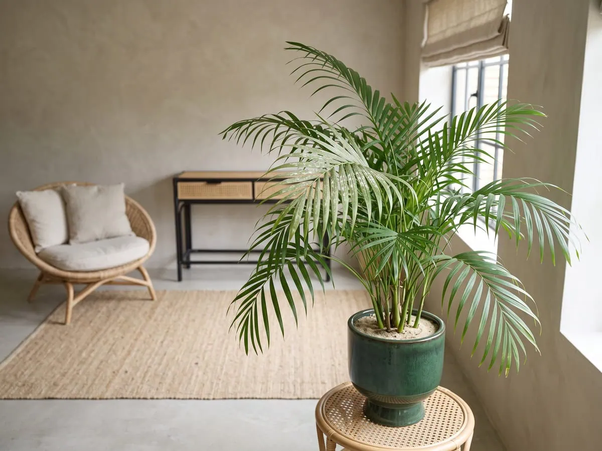 A parlor palm frond facing the window with a bleached white patch, light and placement past the scorch line.