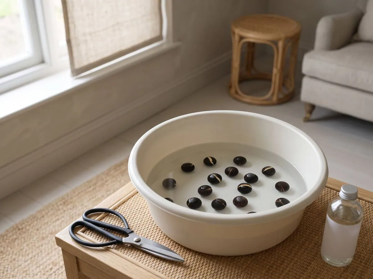 Ten clean parlor palm seeds with split shells resting in a bucket of water, the seed route that does exist.