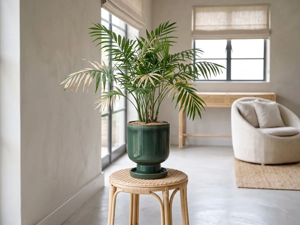 A parlor palm set back from the window with sun-bleached marks on some fronds, how much light it needs after scorch.