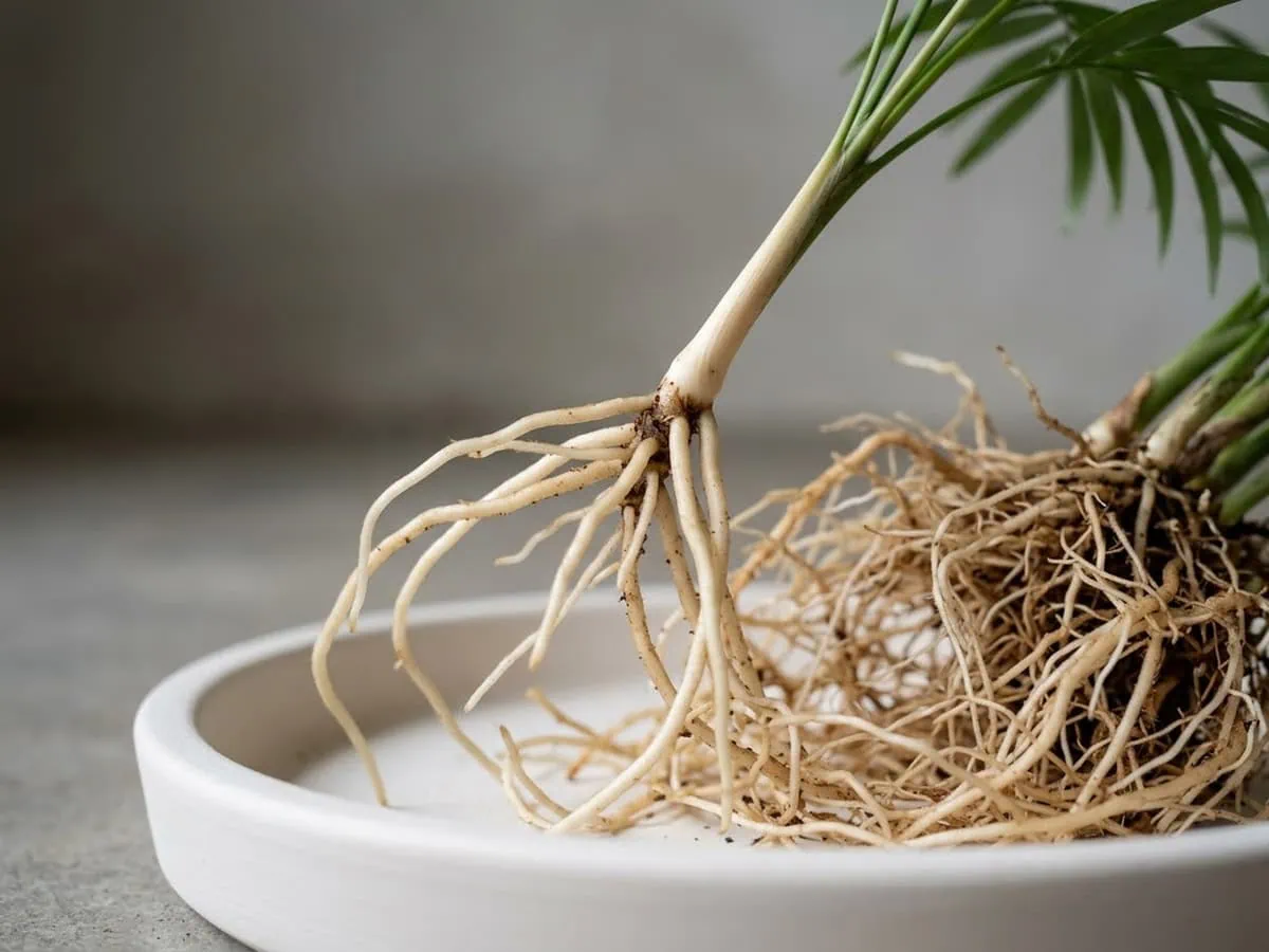 A single parlor palm stem traced down into a washed root ball, the first cut decided by what the pot holds.