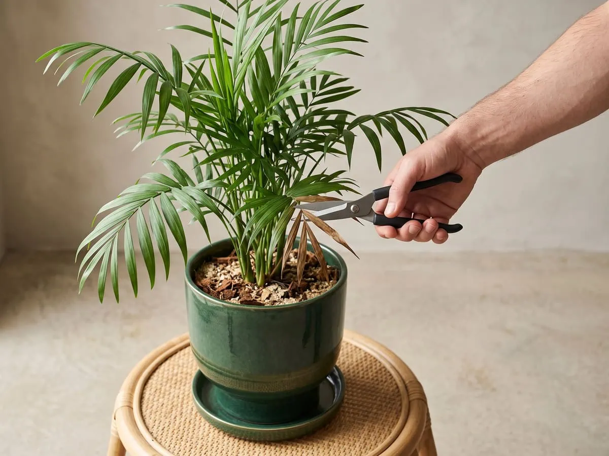 Pruning snips closed on a dried parlor palm frond tip, trimming myths that end a stem for good.