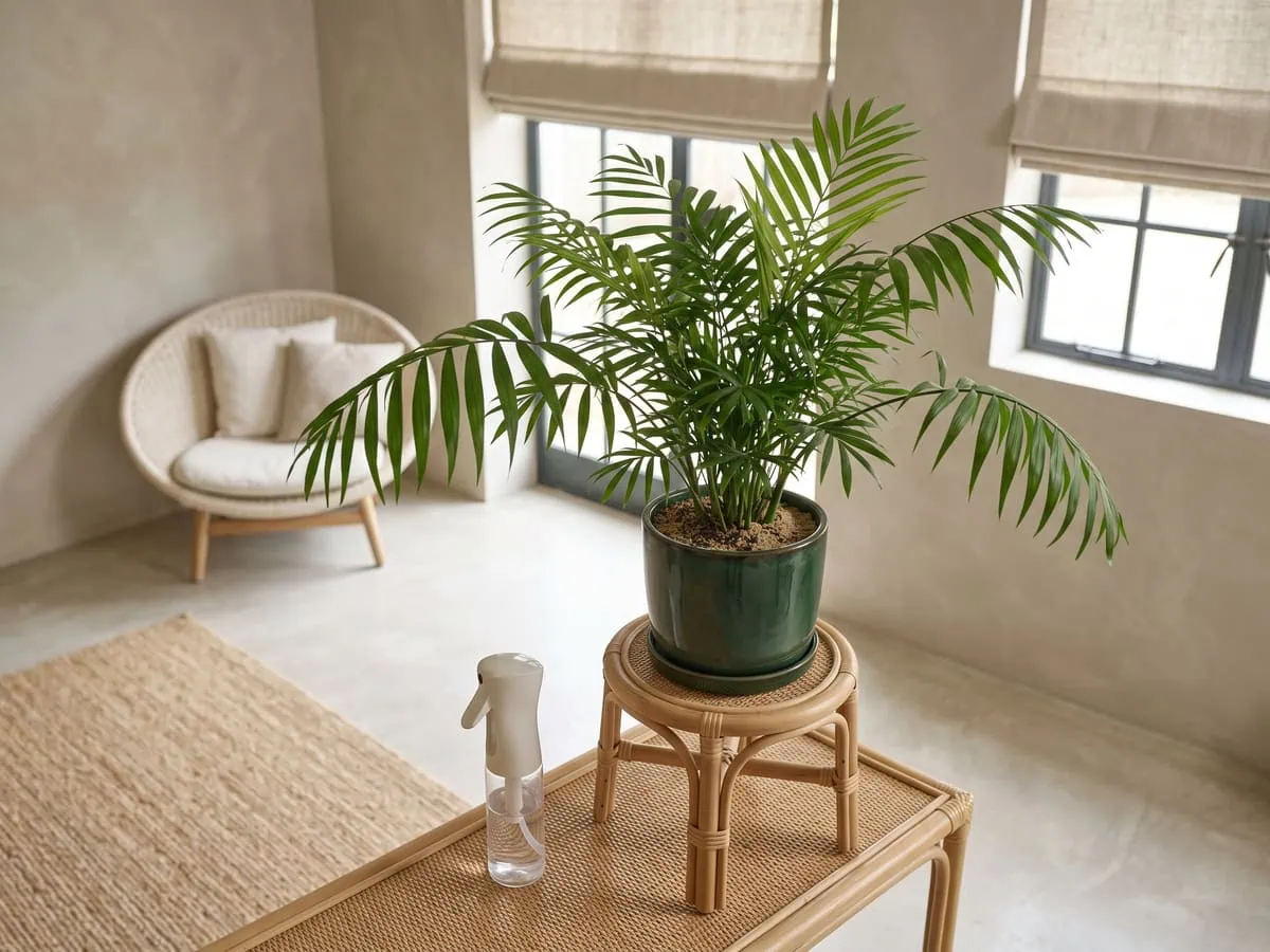 A small clear spray bottle standing on a work surface beside a parlor palm, choosing between soap, oil or alcohol.