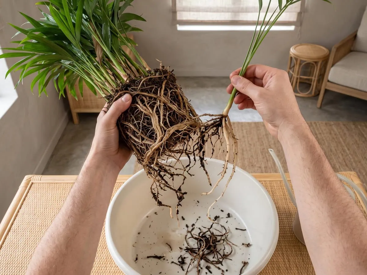 Free the roots of one parlor palm stem from the root ball, step 3 of splitting the clump stem by stem.