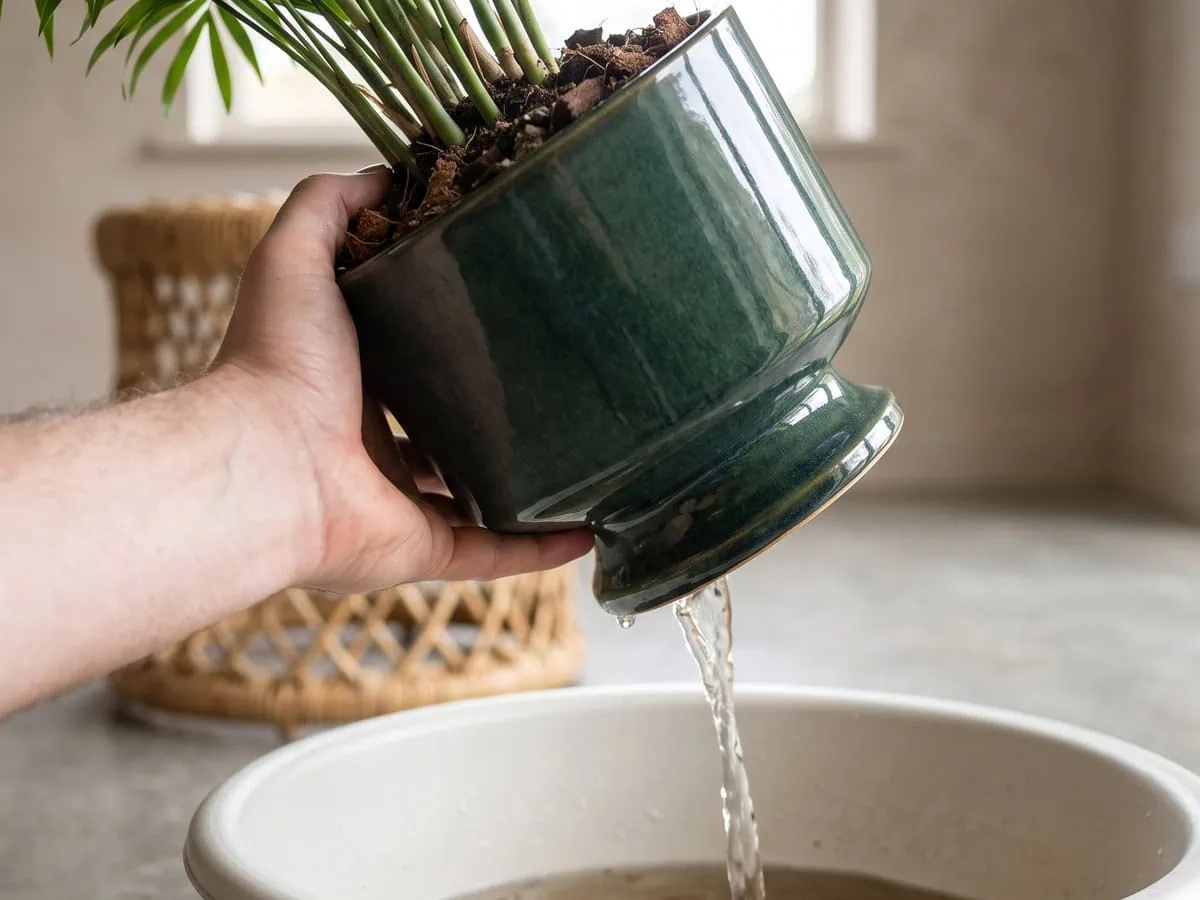 Standing water tipped out of a parlor palm pot base into a bucket, stopping damage that is still happening.