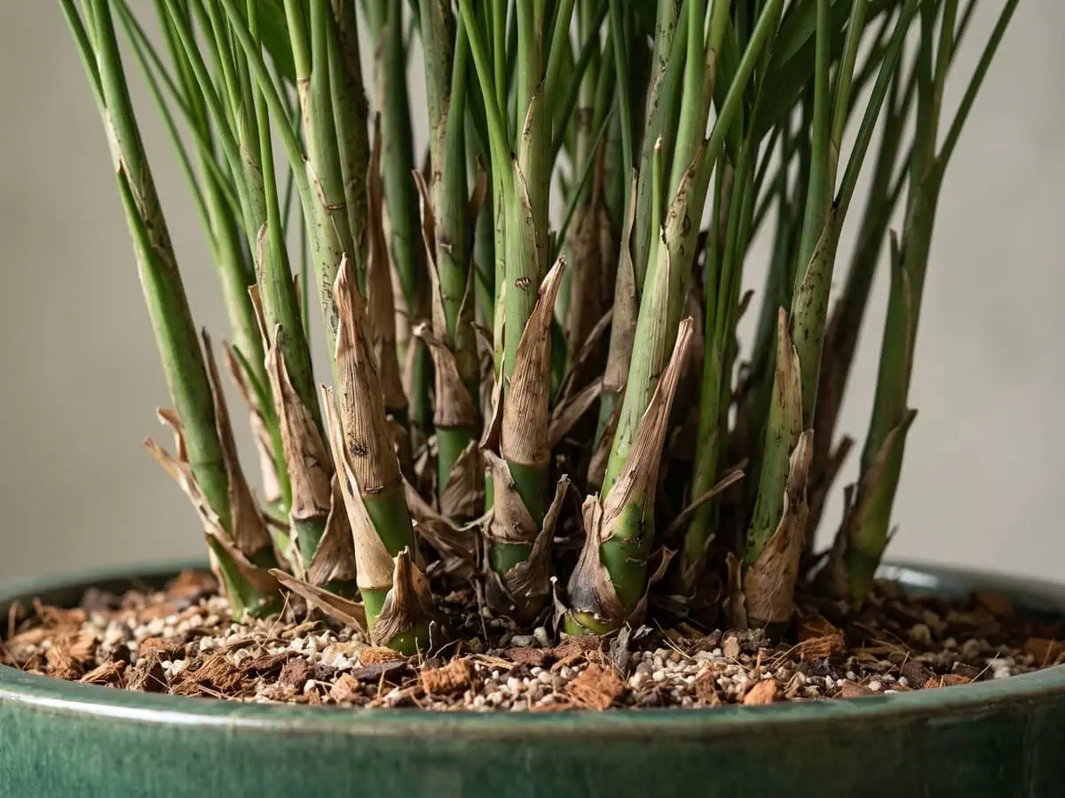 Several parlor palm stems standing clustered in one container, what not to do while the plant settles.