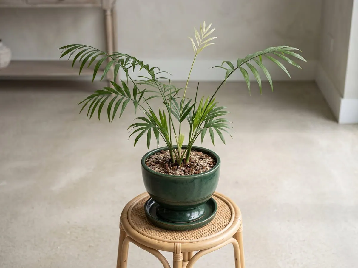Stretched stem internodes on a parlor palm with a new shoot at the top, too little light and the opposite failure.