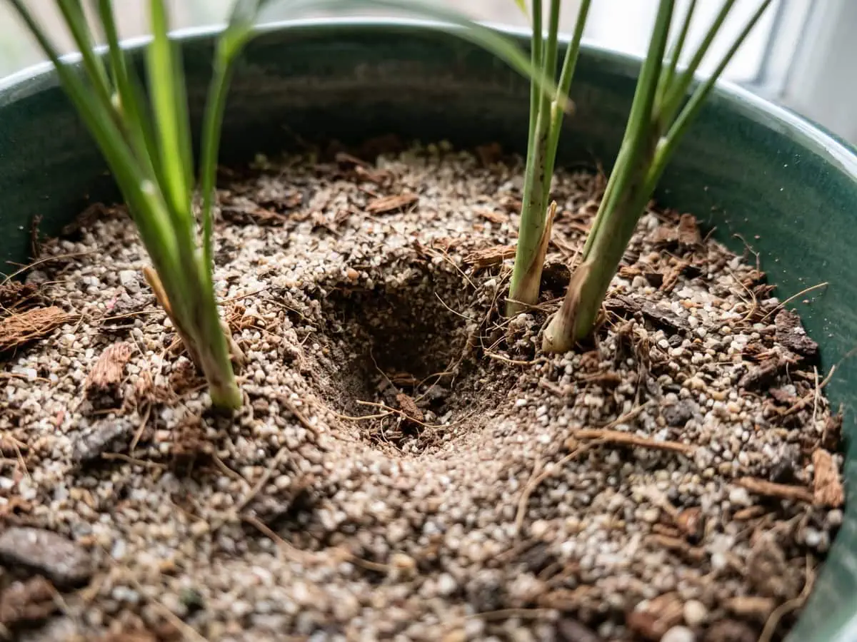 A sunken gap in the medium where one parlor palm stem is missing, one of three myths about the wrong palm.