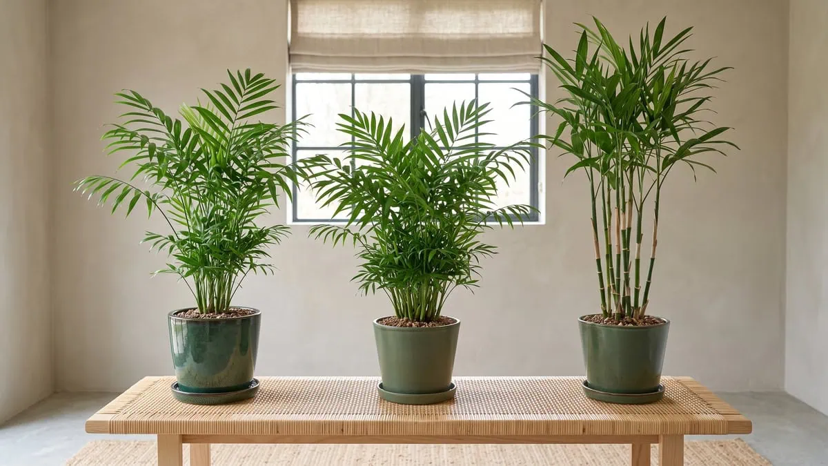 Parlor palm vs cat palm vs bamboo palm how to tell them apart: three potted palms side by side.