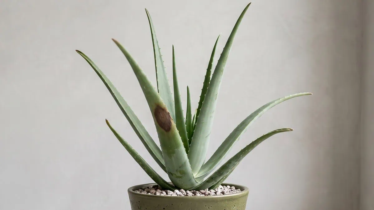 Why does my Aloe vera have brown spots and dark patches: one marked leaf beside a completely clean one.