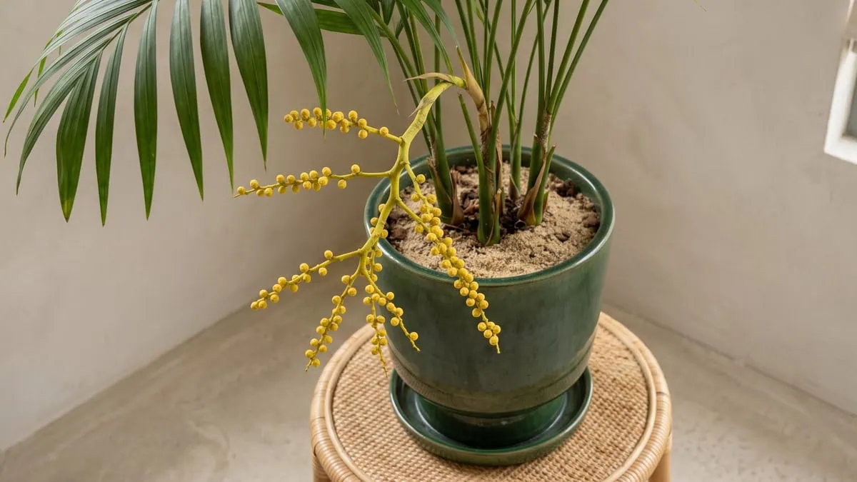 Why does my parlor palm have yellow flower balls and seeds: a branched spray strung with small yellow beads.