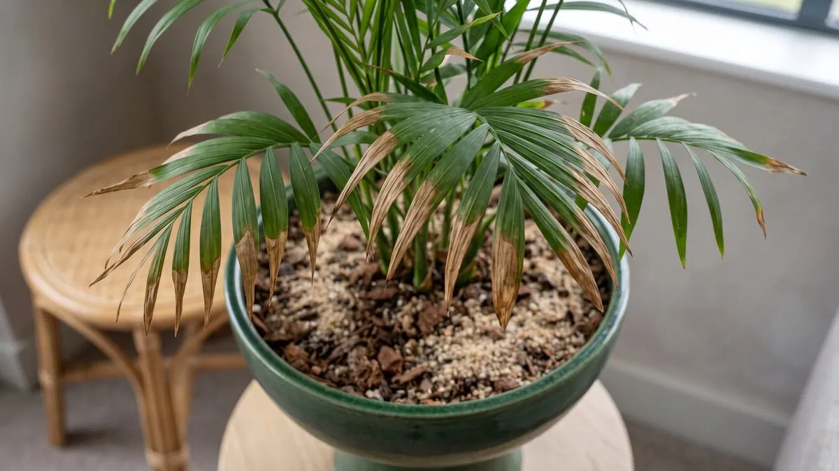 Why is my parlor palm getting brown crispy tips: dried browned tips above a deep green pot.